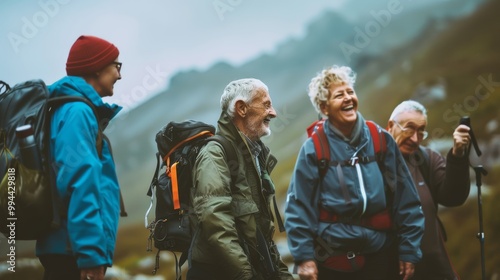 Elderly friends engage in a spirited hike, the mountain climate adding a refreshing touch to their laughter and shared camaraderie.