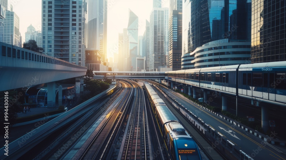Fototapeta premium A modern city scene at sunset featuring a high-speed train gliding through a sleek urban landscape of tall buildings and intertwined railways, exuding a sense of dynamic motion.
