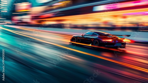 A sleek sports car speeds down a neon-lit street at night, its motion captured in a vibrant, dynamic blur that emphasizes speed and excitement.