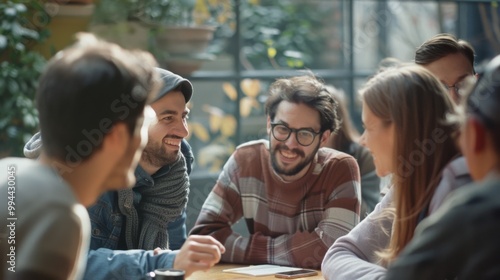 Friends enjoy a lively conversation at a cozy café, their faces lit with smiles and laughter, surrounded by greenery and natural light from the large windows.