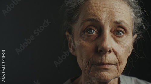 A close-up of an elderly woman with expressive eyes and deep wrinkles, reflecting a life rich with experiences, set against a dark backdrop.