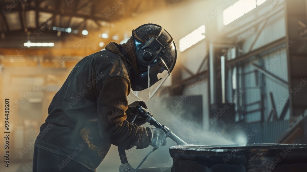 A factory worker in protective gear uses a high-pressure tool in a large industrial space filled with beams of light. A factory worker in protective gear uses a high-pressure tool in a large industrial space filled with beams of light.