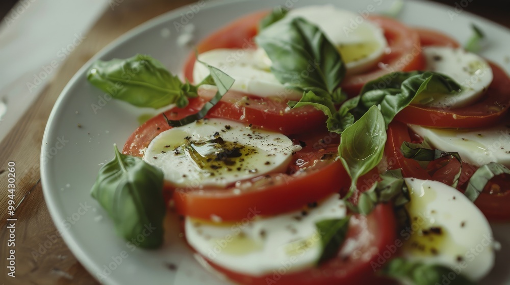 Fresh tomato slices, mozzarella, and basil leaves arranged neatly on a plate, drizzled with olive oil, captures the essence of a classic Caprese salad. Fresh tomato slices, mozzarella, and basil leaves arranged neatly on a plate, drizzled with olive oil, captures the essence of a classic Caprese salad.