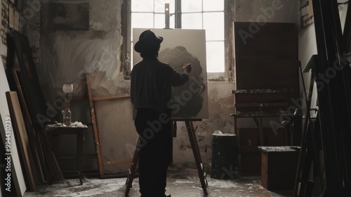 In a dimly lit, rustic studio, an artist is deeply engrossed in creating a masterpiece on his canvas, surrounded by a plethora of art supplies and unfinished works.