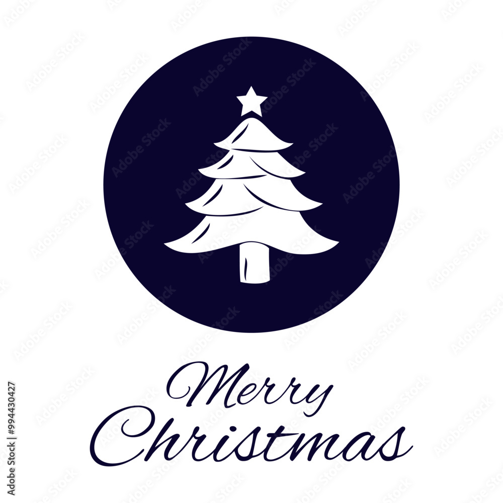 Christmas tree with a star and congratulatory text “Merry Christmas”. Round flat icon. Vector on white background Christmas tree with a star and congratulatory text “Merry Christmas”. Round flat icon. Vector on white background