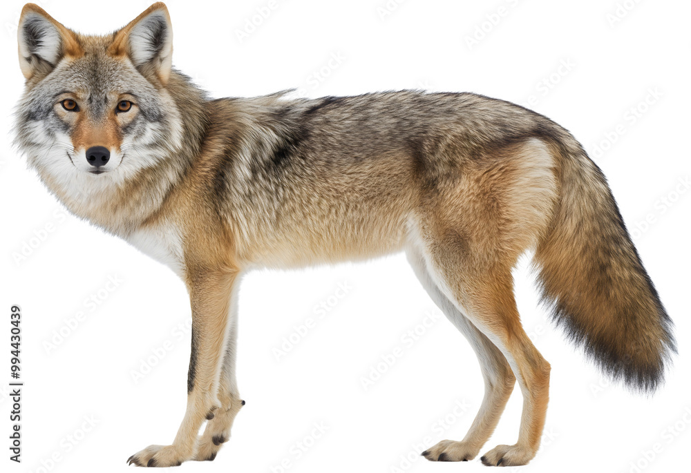 Fototapeta premium Isolated coyote portrait, grey wolf like dog in wildlife, predator animal face with fur, wild forest mammal head, carnivore canine nature background, beautiful hunter profile