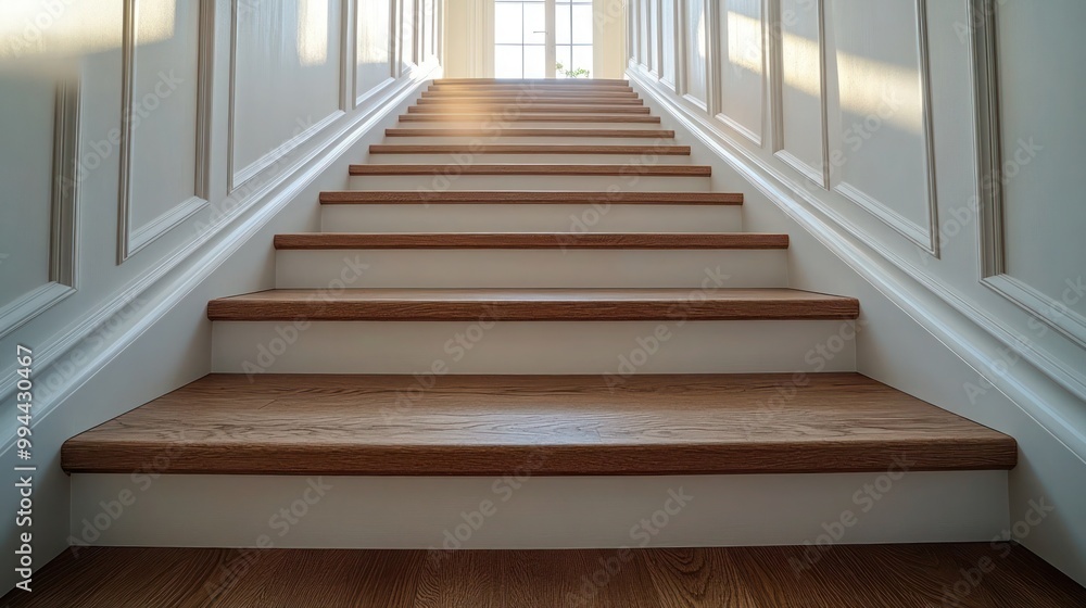wooden staircase with polished hardwood steps and a sleek white banister. Contemporary architecture, white modern house, high-end villa or apartment wooden staircase with polished hardwood steps and a sleek white banister. Contemporary architecture, white modern house, high-end villa or apartment