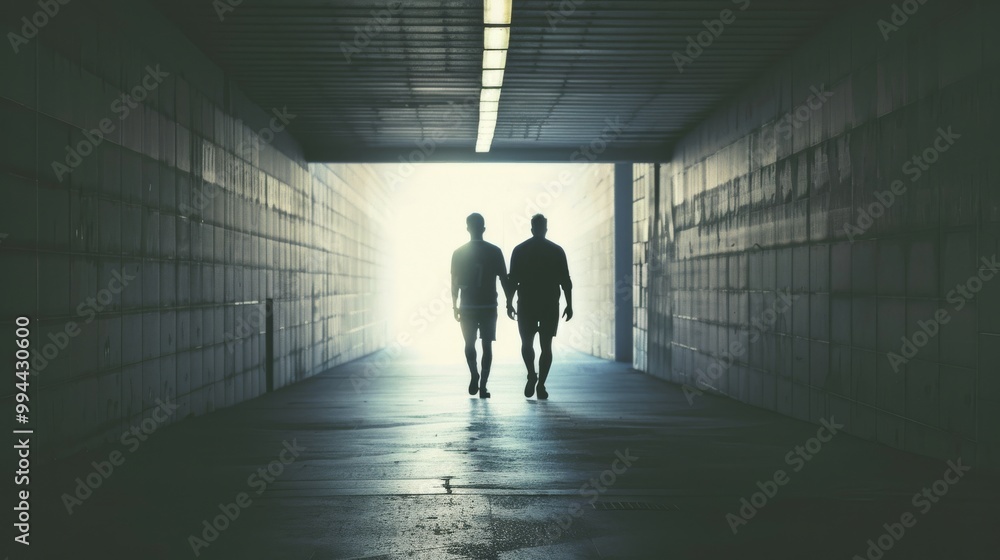 Two figures walk into the light at the end of a tunnel, casting long shadows in a dramatic, symbolic scene of hope or transition. Two figures walk into the light at the end of a tunnel, casting long shadows in a dramatic, symbolic scene of hope or transition.