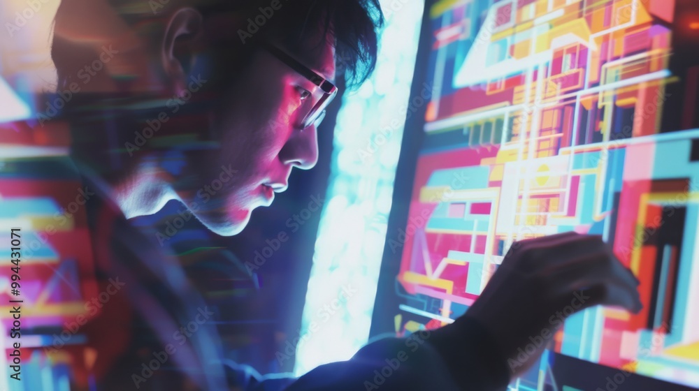 Fototapeta premium A focused individual studies a vibrant, neon-lit interface with intense concentration, illustrating the synergy of human curiosity and advanced technology.