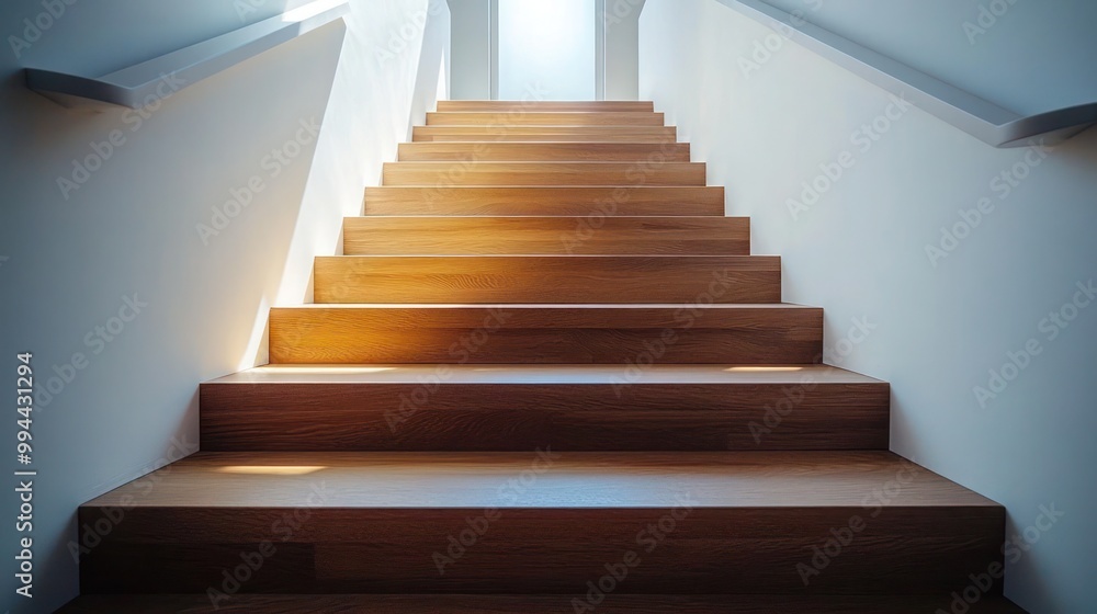 wooden staircase with polished hardwood steps and a sleek white banister. Contemporary architecture, white modern house, high-end villa or apartment wooden staircase with polished hardwood steps and a sleek white banister. Contemporary architecture, white modern house, high-end villa or apartment