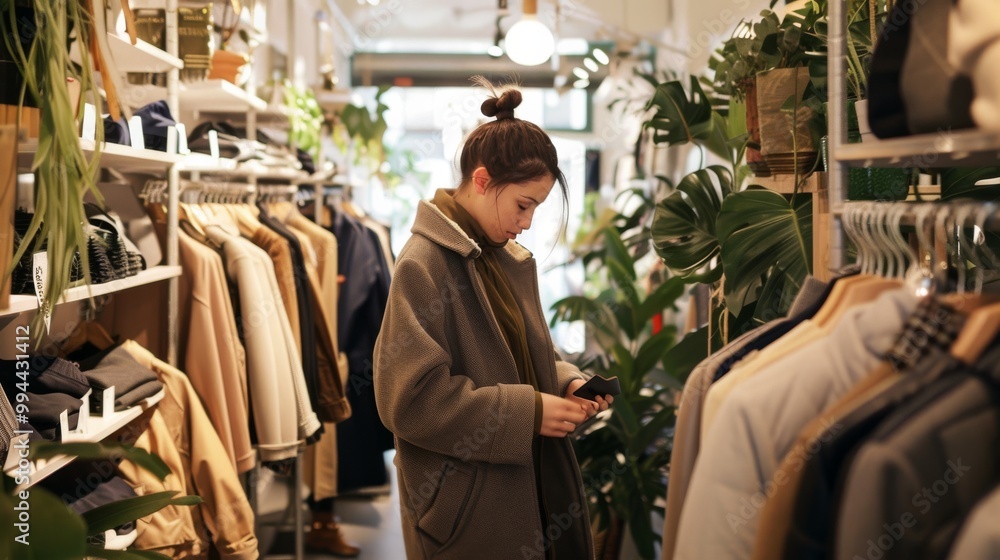 Fototapeta premium A woman browses attentively inside a chic boutique, surrounded by plants and natural light, reflecting a blend of modern style and nature.