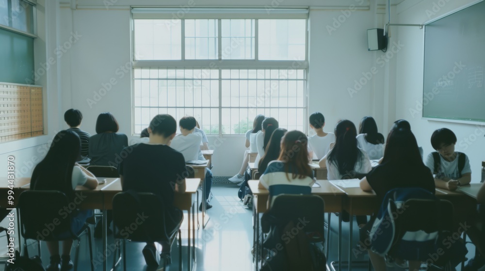 Students sit in rows, focused and attentive, in a brightly lit classroom with large windows, engaged in an exam or lecture. Students sit in rows, focused and attentive, in a brightly lit classroom with large windows, engaged in an exam or lecture.
