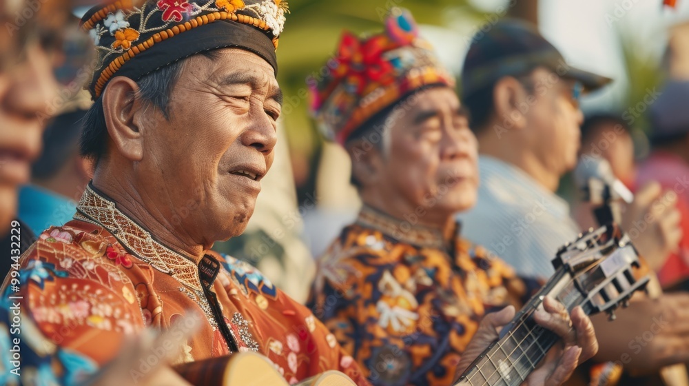 Musicians dressed in colorful traditional attire play stringed instruments, their faces expressive with emotion, during a lively cultural performance. Musicians dressed in colorful traditional attire play stringed instruments, their faces expressive with emotion, during a lively cultural performance.