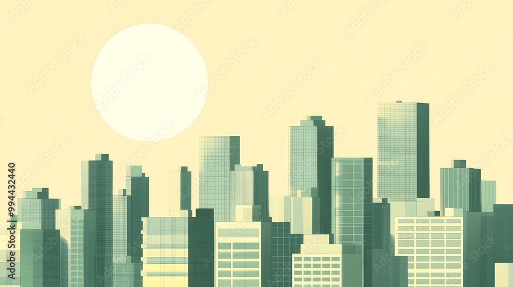 A flat illustration of an urban skyline made up entirely of green buildings, set against the backdrop of a pale sky with large white circles A flat illustration of an urban skyline made up entirely of green buildings, set against the backdrop of a pale sky with large white circles