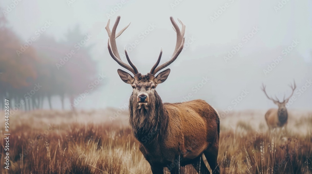 Majestic deer with sprawling antlers stands tall in a misty field, symbolizing nature's raw beauty and grace. Majestic deer with sprawling antlers stands tall in a misty field, symbolizing nature's raw beauty and grace.