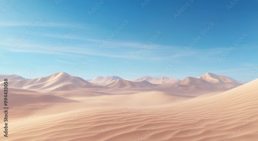 Naklejka premium Vast sandy landscape under a clear blue sky in a tranquil desert setting during midday