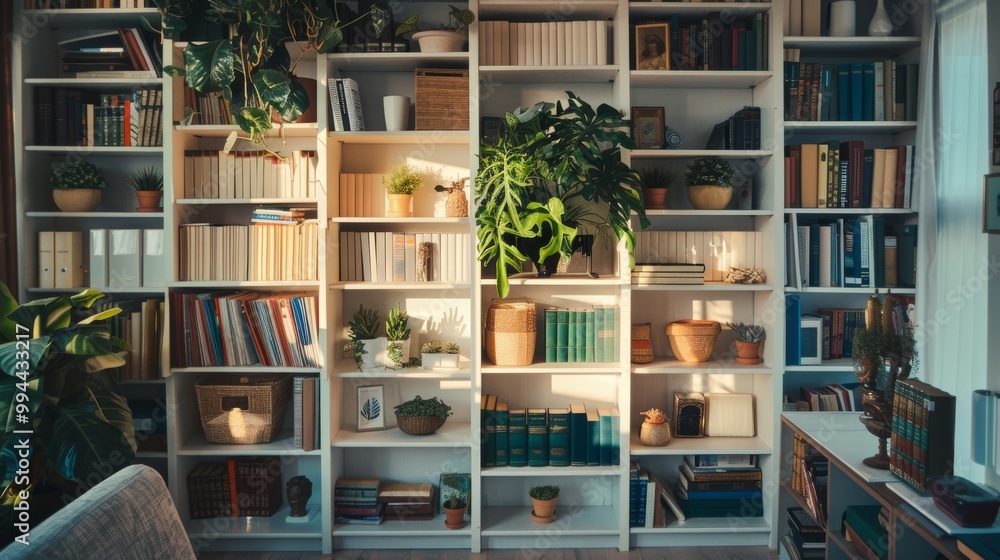 A cozy reading room with bookshelves filled with books, potted plants, and soft sunlight filtering through the windows, creating a tranquil and inviting ambiance. A cozy reading room with bookshelves filled with books, potted plants, and soft sunlight filtering through the windows, creating a tranquil and inviting ambiance.