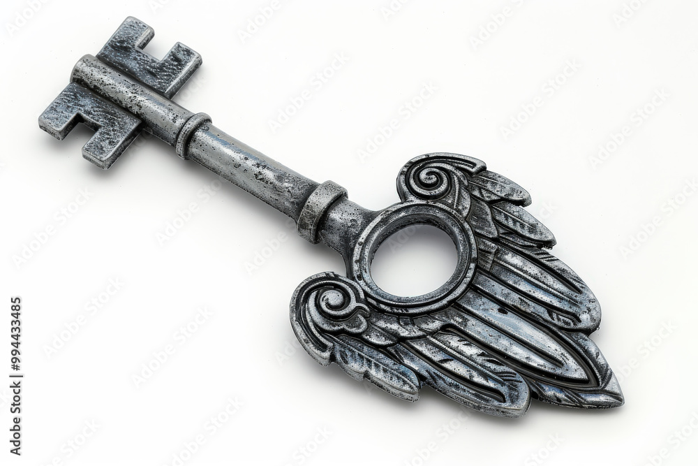 Ancient Key with Winged Design on White Background Ancient Key with Winged Design on White Background