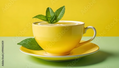 Yellow cup with mint beverage and fresh mint leaves on a vibrant yellow background 