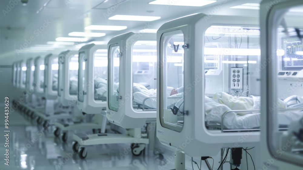 Obraz premium A pristine, high-tech medical facility featuring rows of advanced neonatal incubators, each housing a tiny, well-cared-for infant.