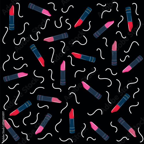 Multi-color lipsticks, lip gloss on trendy pastel pink background. Cosmetic products. Makeup accessories. Skin care. Beauty pattern 3d.
