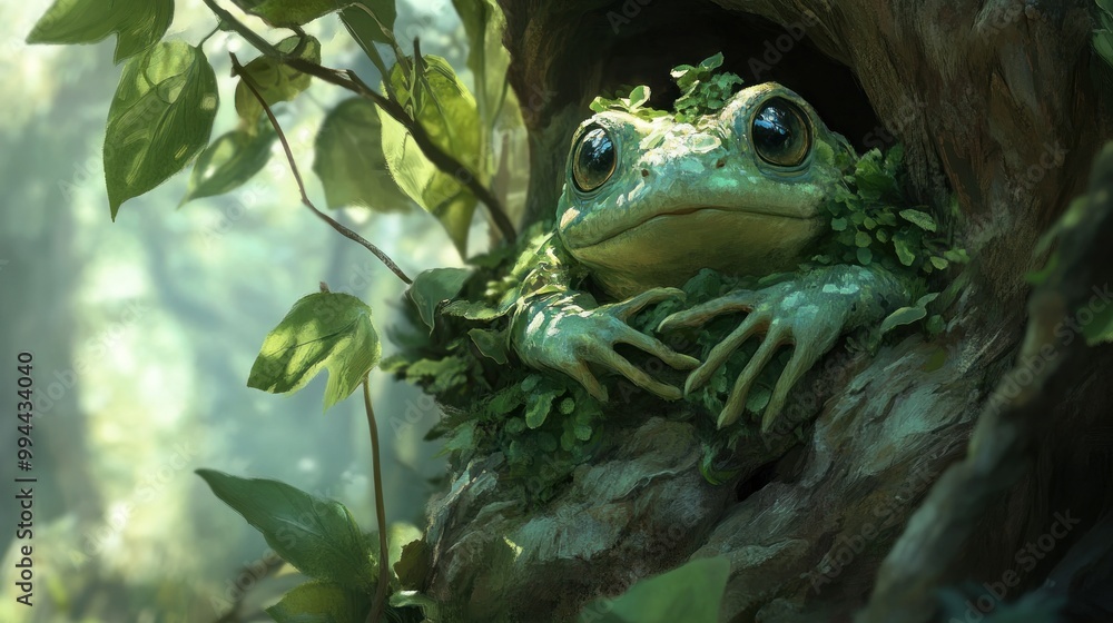 A Green Frog Camouflaged in a Tree Trunk with Leaves A Green Frog Camouflaged in a Tree Trunk with Leaves