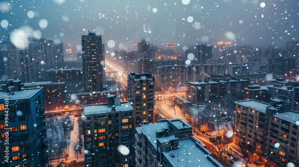Fototapeta premium A snow-covered cityscape at dusk with glowing streetlights and buildings blanketed in snow, creating a serene winter wonderland atmosphere.