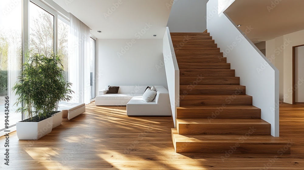 wooden staircase with polished hardwood steps and a sleek white banister. Contemporary architecture, white modern house, high-end villa or apartment wooden staircase with polished hardwood steps and a sleek white banister. Contemporary architecture, white modern house, high-end villa or apartment