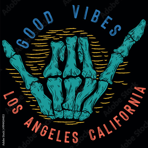 Illustration of a hand in bones making the surfer sign, accompanied by elements alluding to the beach lifestyle, fun and vacations. Patch and stitching simulation holiday season.