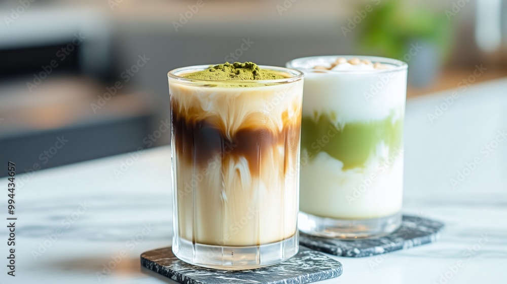 two glass cups with iced matcha and latte two glass cups with iced matcha and latte