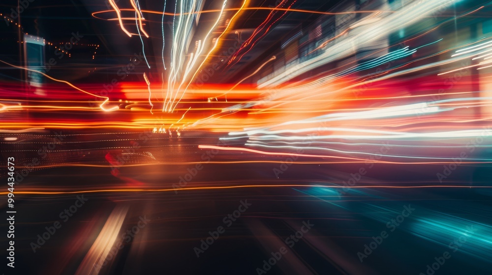 A lively capture of urban lights streaking across the frame in vibrant hues, depicting the fast pace of city life. A lively capture of urban lights streaking across the frame in vibrant hues, depicting the fast pace of city life.