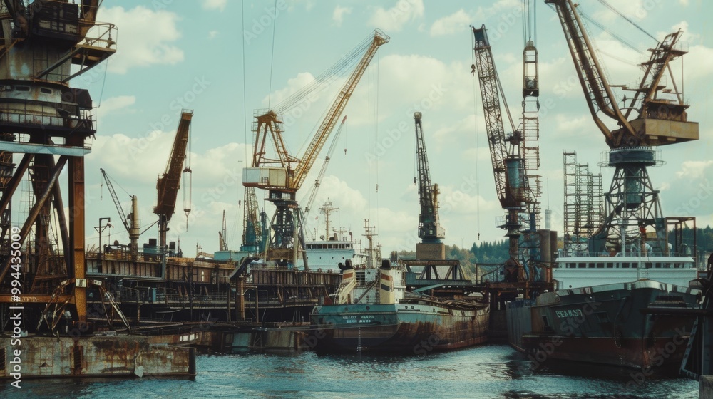 An industrial shipyard with towering cranes and docked ships set against a partially cloudy sky, representing a bustling maritime hub's productivity. An industrial shipyard with towering cranes and docked ships set against a partially cloudy sky, representing a bustling maritime hub's productivity.