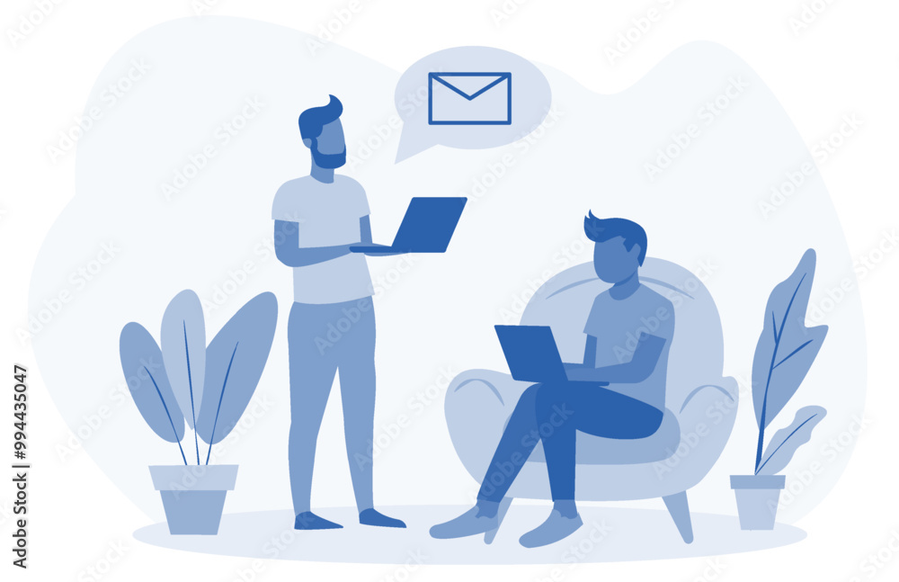 Two individuals are depicted working on laptops in an office setting. One is standing while the other is sitting in a chair. Plants and a message icon are present. Concept of business communication Two individuals are depicted working on laptops in an office setting. One is standing while the other is sitting in a chair. Plants and a message icon are present. Concept of business communication