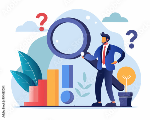 Problem analysis, analyze information to find solution or answer, solving problem or trouble, challenge to think overcome difficulty concept, businessman analyze question mark with magnifying glass.