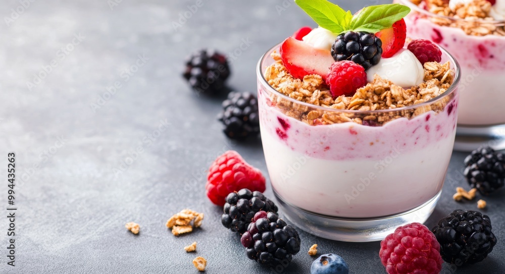 Delicious mixed berry yogurt parfait topped with granola and fresh mint on a dark surface Delicious mixed berry yogurt parfait topped with granola and fresh mint on a dark surface