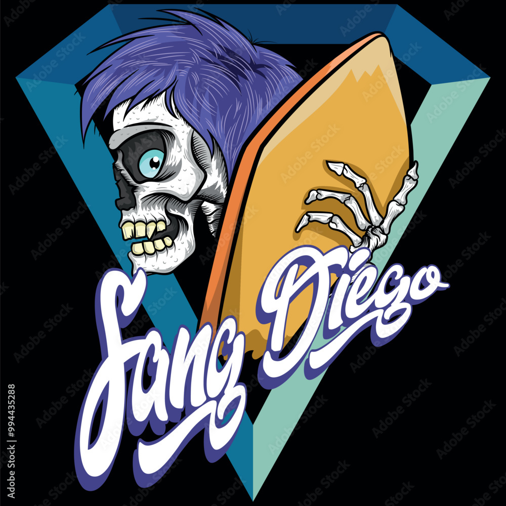 Illustration of a surfer boy with his board and in the shape of a skull with purple hair with expressive eyes and texts adorning the graphic, design for beach type or enjoying time on vacation. Illustration of a surfer boy with his board and in the shape of a skull with purple hair with expressive eyes and texts adorning the graphic, design for beach type or enjoying time on vacation.