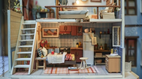 Cozy, detailed miniature of a two-story loft apartment, showcasing an inviting living space filled with tiny furniture and decor. photo