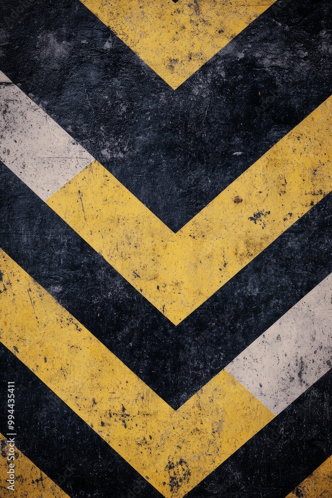 Fototapeta premium Bold yellow and black warning sign with chevron patterns against a weathered background