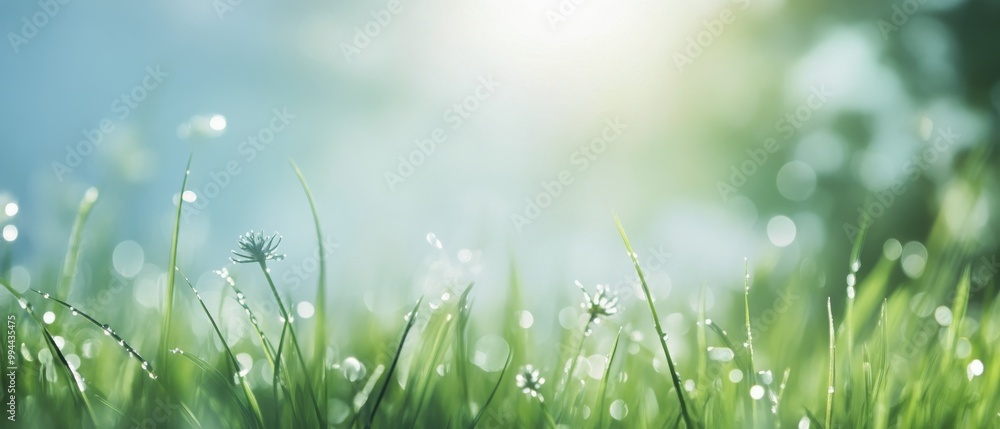 Obraz premium Soft morning light illuminates dewdrop-covered grass with delicate flowers in a tranquil setting
