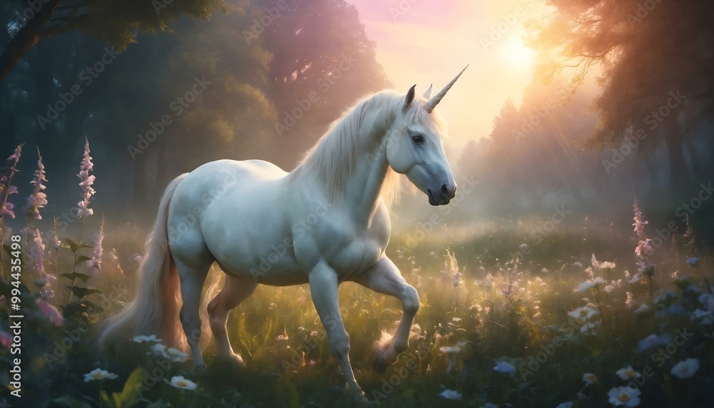 Magical unicorn walking through a flower-filled meadow at sunrise Magical unicorn walking through a flower-filled meadow at sunrise