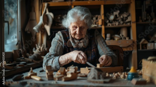 Wallpaper Mural An elderly woman intently working on a woodworking project in a cluttered workshop, capturing the essence of craftsmanship and dedication. Torontodigital.ca