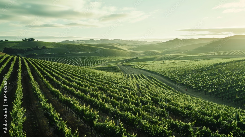 Endless rows of green vineyards stretch across the hilly landscape, bathed in soft sunlight. Endless rows of green vineyards stretch across the hilly landscape, bathed in soft sunlight.