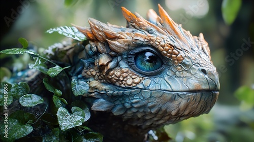 Close-Up of a Blue-Eyed Fantasy Dragon in a Lush Forest photo