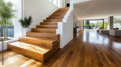 wooden staircase with polished hardwood steps and sleek white banister in a contemporary interior. perfect for luxury home background