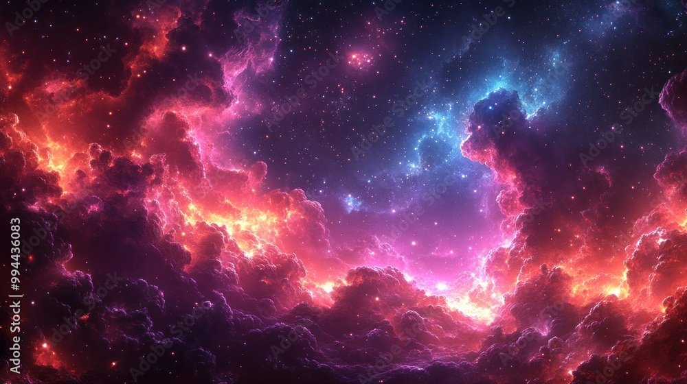 Colorful clouds of gas and dust swirl in deep space, illuminated by brilliant starlight against a dark background Colorful clouds of gas and dust swirl in deep space, illuminated by brilliant starlight against a dark background