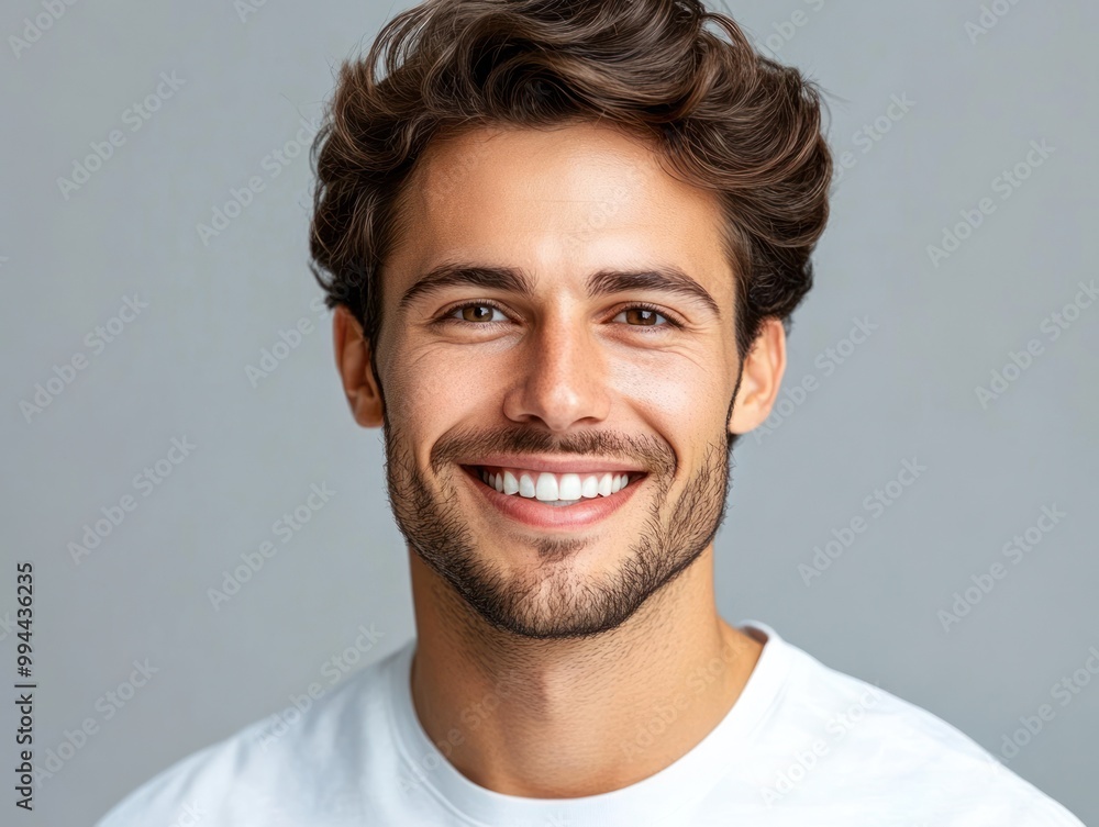 Fototapeta premium A young man beams with joy, showcasing his wavy hair and friendly demeanor while wearing a simple white shirt