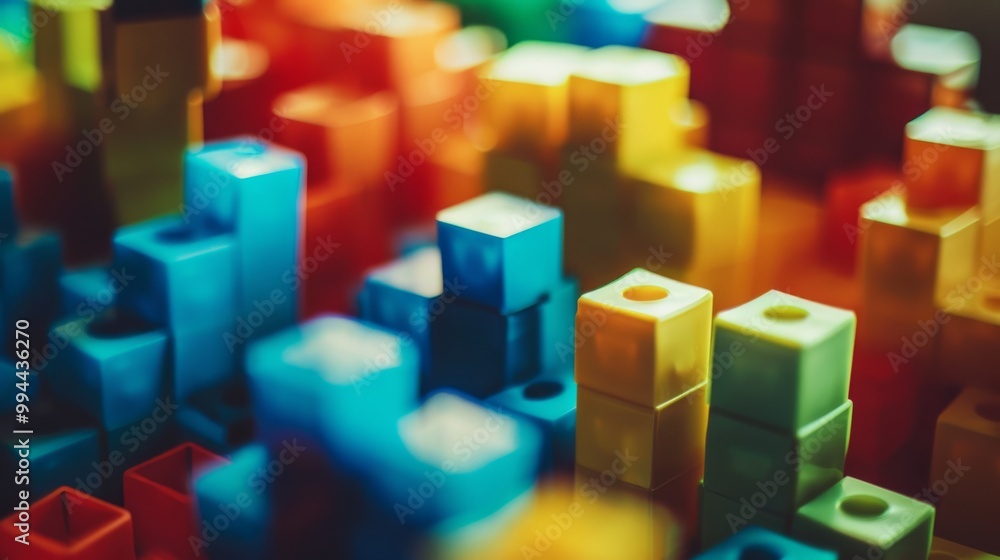 A vivid photograph focusing on an array of stacked interlocking colorful blocks, creating an intricate and eye-catching visual maze. A vivid photograph focusing on an array of stacked interlocking colorful blocks, creating an intricate and eye-catching visual maze.