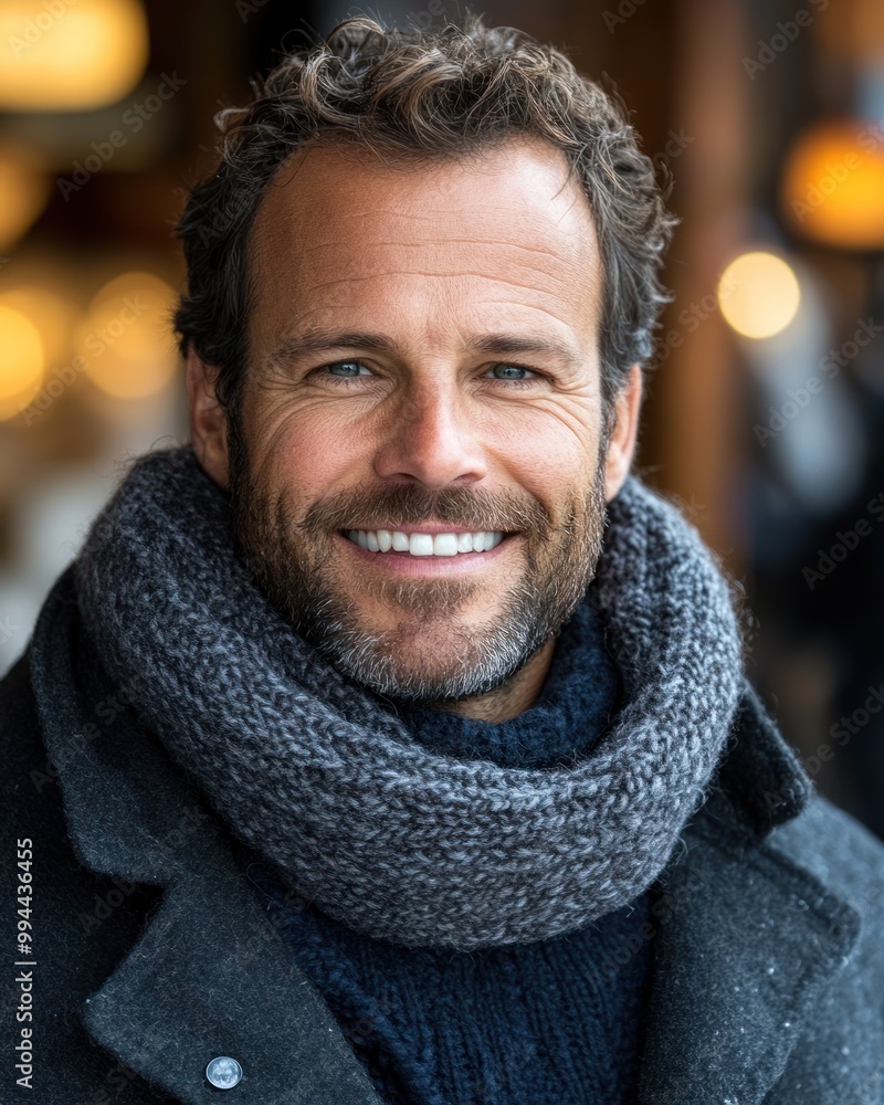 A man with curly hair and a beard smiles warmly, dressed comfortably for the autumn weather A man with curly hair and a beard smiles warmly, dressed comfortably for the autumn weather