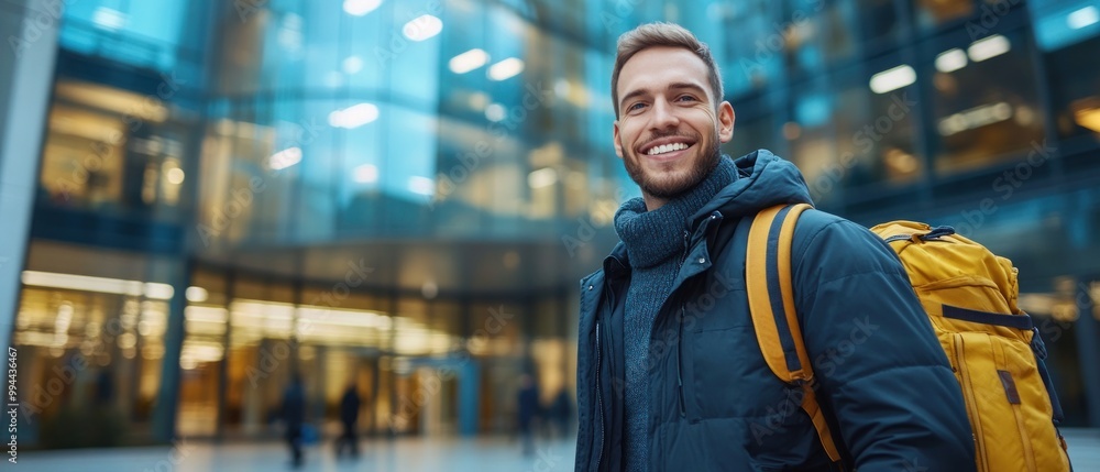 A young man is smiling warmly while wearing a yellow backpack in a contemporary urban setting during dusk A young man is smiling warmly while wearing a yellow backpack in a contemporary urban setting during dusk