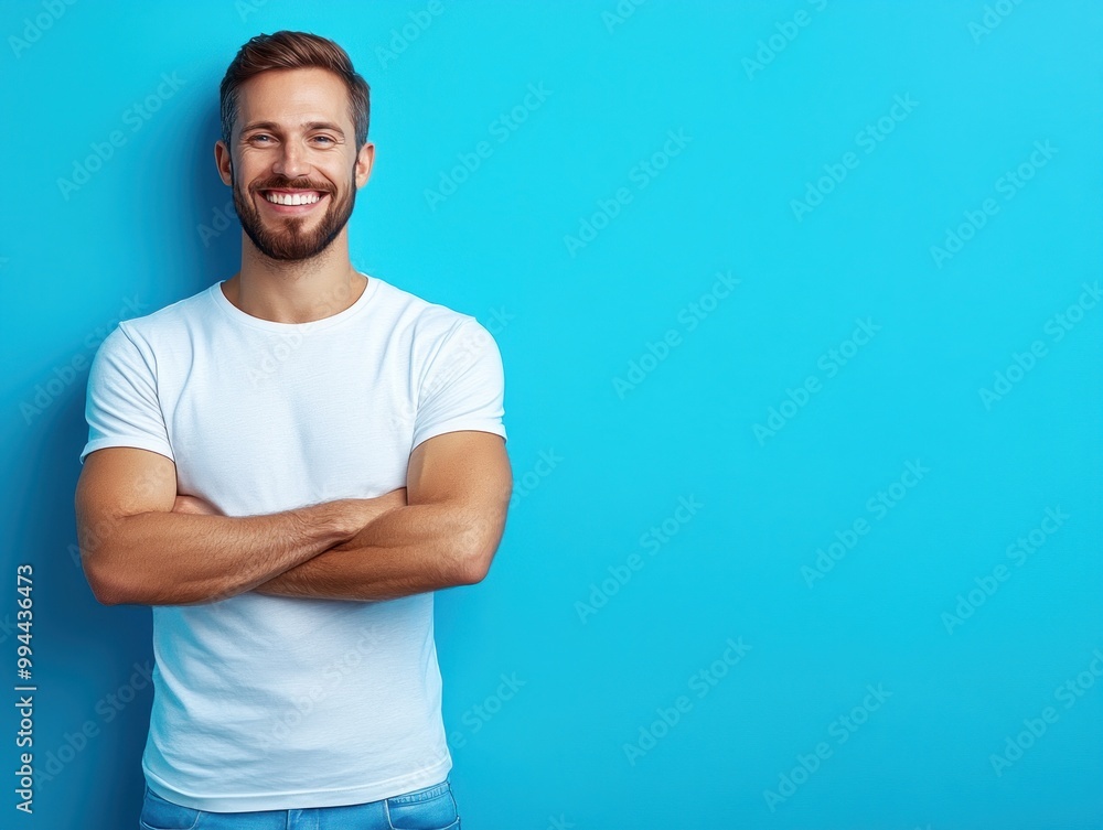 Fototapeta premium A young man smiles warmly with arms crossed, relaxed against a blue background